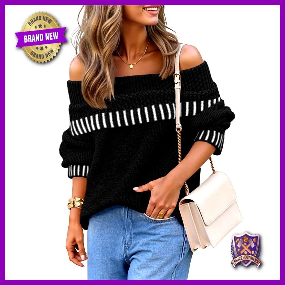 Oversized Off Shoulder Ribbed Knit Pullover Sweater Long Sleeve Hip Length